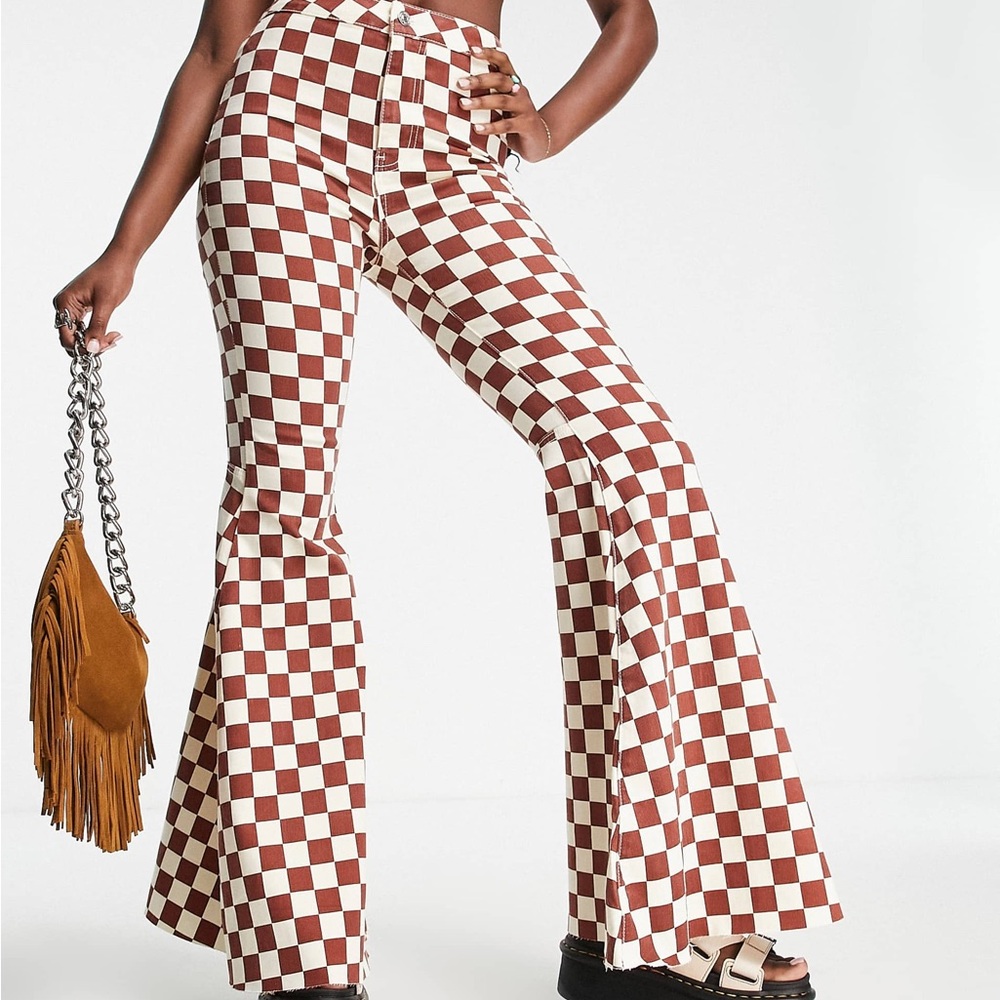 Free People checkered bell bottoms- rust and cream- size 31